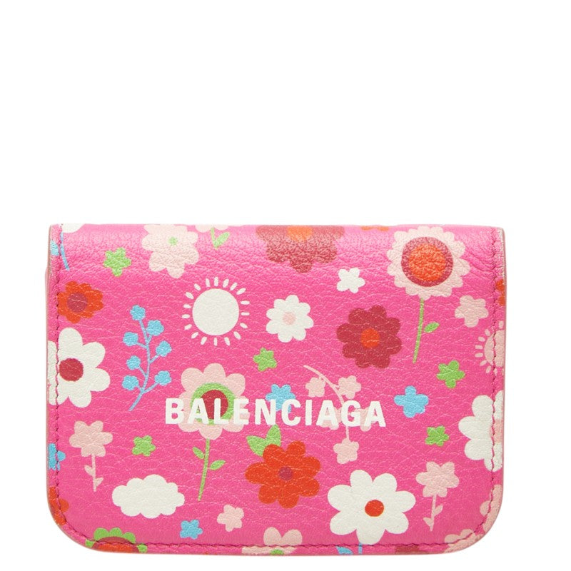 バレンシアガ フラワー 花 キャッシュ ミニウォレット 三つ折り財布 コンパクトウォレット 593813 ピンク マルチカラー レザー レディース BALENCIAGA 中古