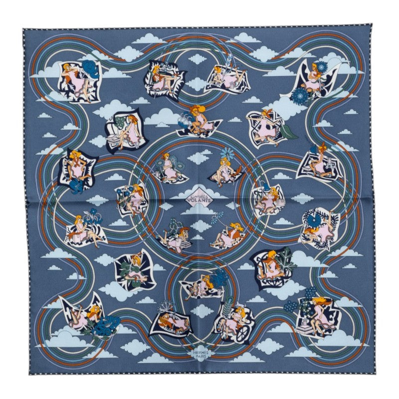 エルメス カレ45 CARRES VOLANTS 空飛ぶカレ スカーフ ブルー マルチカラー シルク レディース HERMES 中古