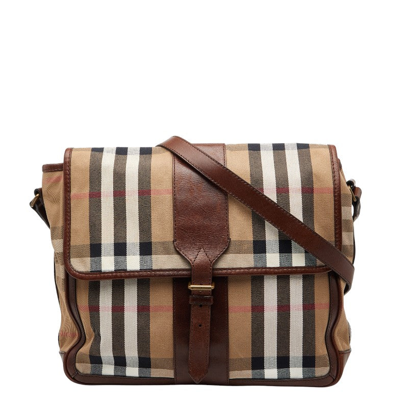 バーバリー ノバチェック メッセンジャーバッグ 斜め掛け ショルダーバッグ ブラウン キャンバス レザー レディース BURBERRY 中古