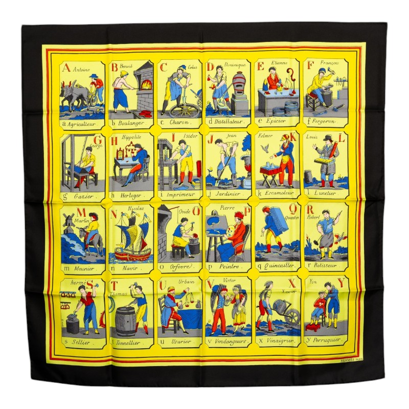 エルメス カレ90 L'ALPHABET DES METIERS 仕事のいろは スカーフ イエロー ブラック マルチカラー シルク レディース HERMES 中古