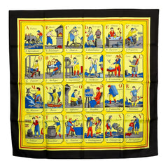エルメス カレ90 L'ALPHABET DES METIERS 仕事のいろは スカーフ イエロー ブラック マルチカラー シルク レディース HERMES 中古