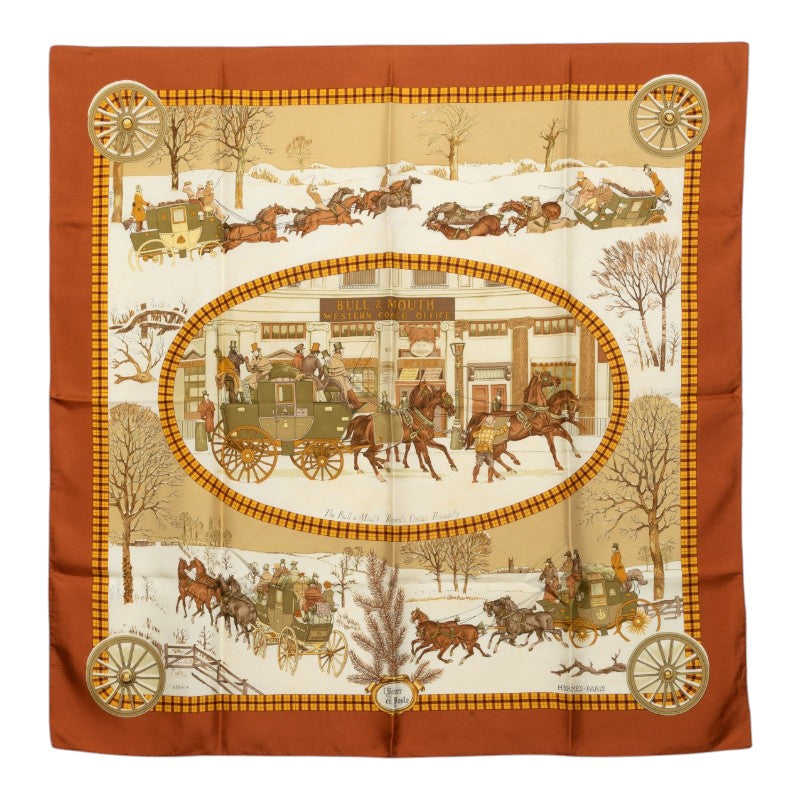 エルメス カレ90 冬の郵便馬車 L'Hiver en Poste スカーフ ブラウン系 シルク レディース HERMES 中古