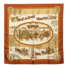 エルメス カレ90 冬の郵便馬車 L'Hiver en Poste スカーフ ブラウン系 シルク レディース HERMES 中古