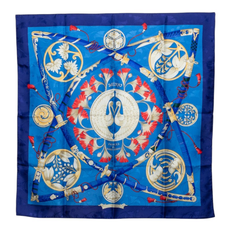 エルメス カレ90 DAIMYO PRINCES DU SOLEIL LEVANT 大名 日出る国の皇子 スカーフ ブルー マルチカラー シルク レディース HERMES 中古