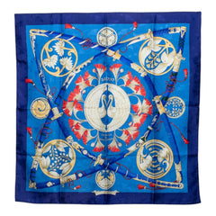 エルメス カレ90 DAIMYO PRINCES DU SOLEIL LEVANT 大名 日出る国の皇子 スカーフ ブルー マルチカラー シルク レディース HERMES 中古