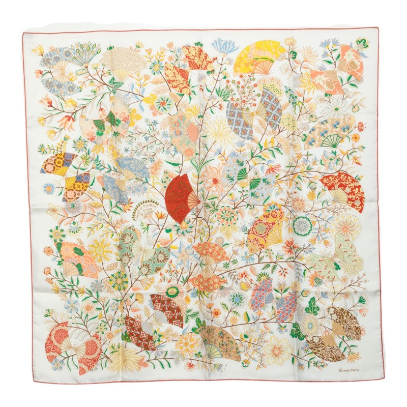 エルメス カレ90 花咲く織物 Fleurs et Papillons de Tissus スカーフ ホワイト マルチカラー シルク レディース HERMES 中古