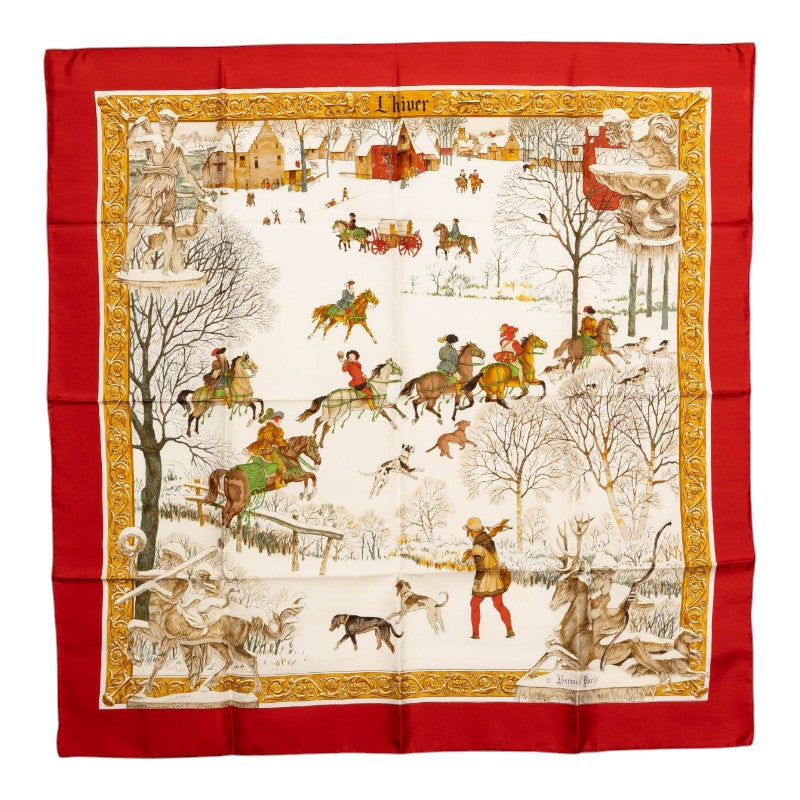 エルメス カレ90 L'HIVER 冬の狩猟 スカーフ レッド ホワイト マルチカラー シルク レディース HERMES 中古