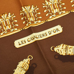 エルメス カレ90 LES CAVALIERS D'OR 黄金の騎士 スカーフ 大判 ブラウン系 マルチカラー シルク レディース HERMES 中古