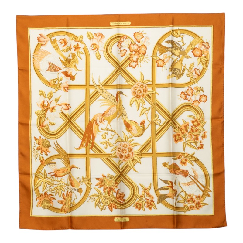 エルメス カレ90 Caraïbes カリブ鳥 スカーフ ブラウン系 シルク レディース HERMES 中古