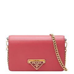 プラダ 三角ロゴプレート 斜め掛け チェーンウォレット ショルダーバッグ ピンク サフィアーノレザー レディース PRADA 中古