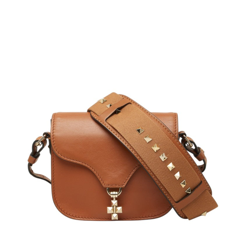 ヴァレンティノ ガラヴァーニ ロックスタッズ 斜め掛け ショルダーバッグ キャメル レザー レディース VALENTINO 中古