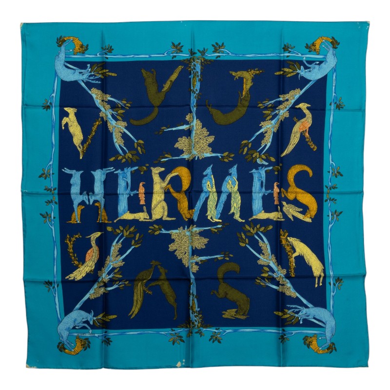 エルメス カレ90 ANIMAL ALPHABET 森の動物 スカーフ ブルー系 シルク レディース HERMES 中古