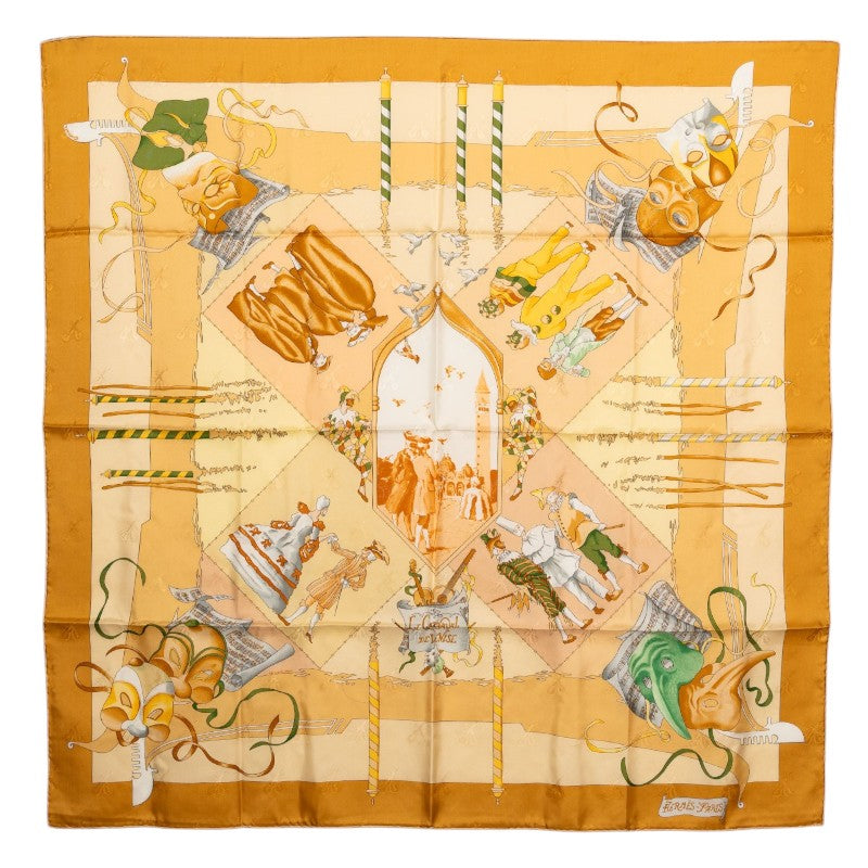 エルメス カレ90 ベニスのカーニバル Le Carnaval de Venise スカーフ ベージュ系 シルク レディース HERMES 中古