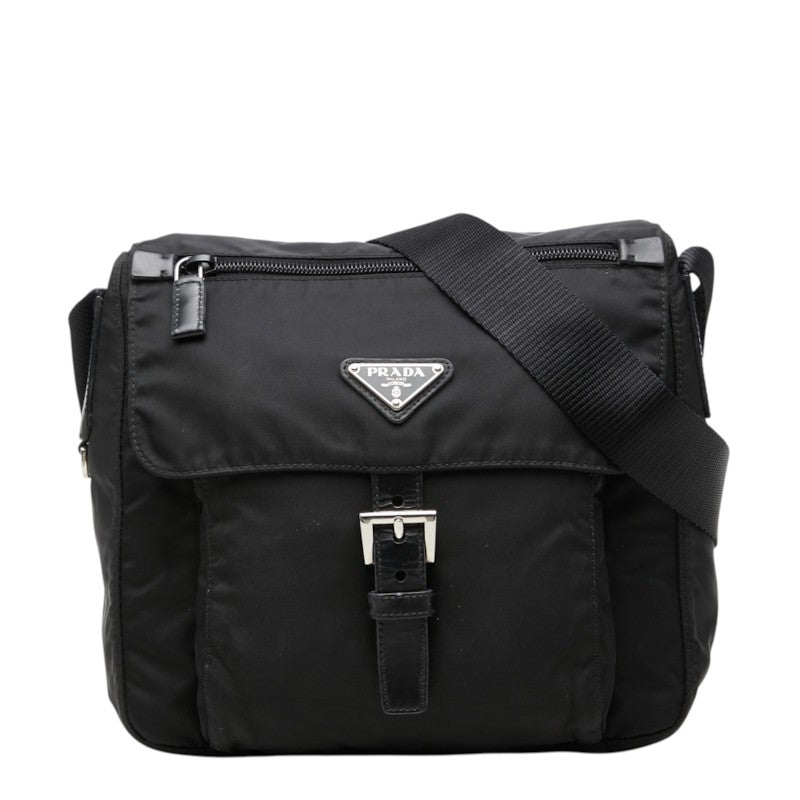 プラダ 三角ロゴプレート 斜め掛け ショルダーバッグ ブラック ナイロン レザー レディース PRADA 中古
