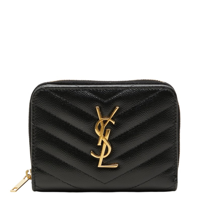 サンローラン YSLロゴ Vステッチ 二つ折り財布 ブラック キャビアスキン レディース SAINT LAURENT 中古