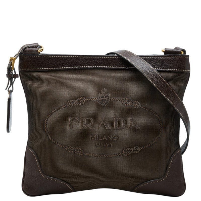 プラダ ロゴ 斜め掛け ショルダーバッグ ブラウン キャンバス レザー レディース PRADA 中古