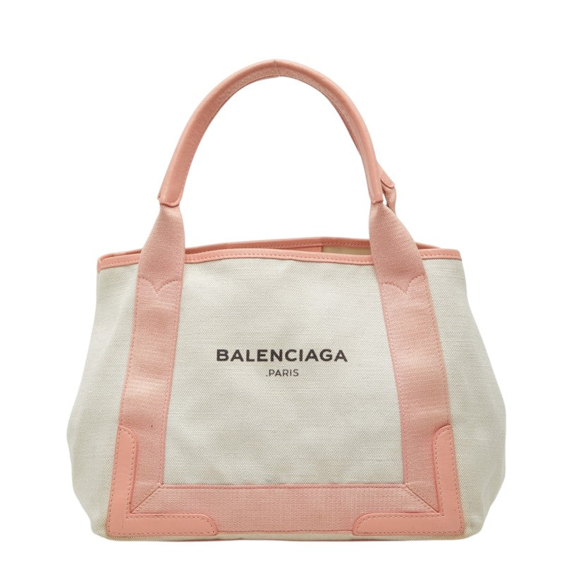 バレンシアガ ネイビーカバス S ハンドバッグ トートバッグ 339933 ピンク アイボリー レザー キャンバス レディース BALENCIAGA 中古