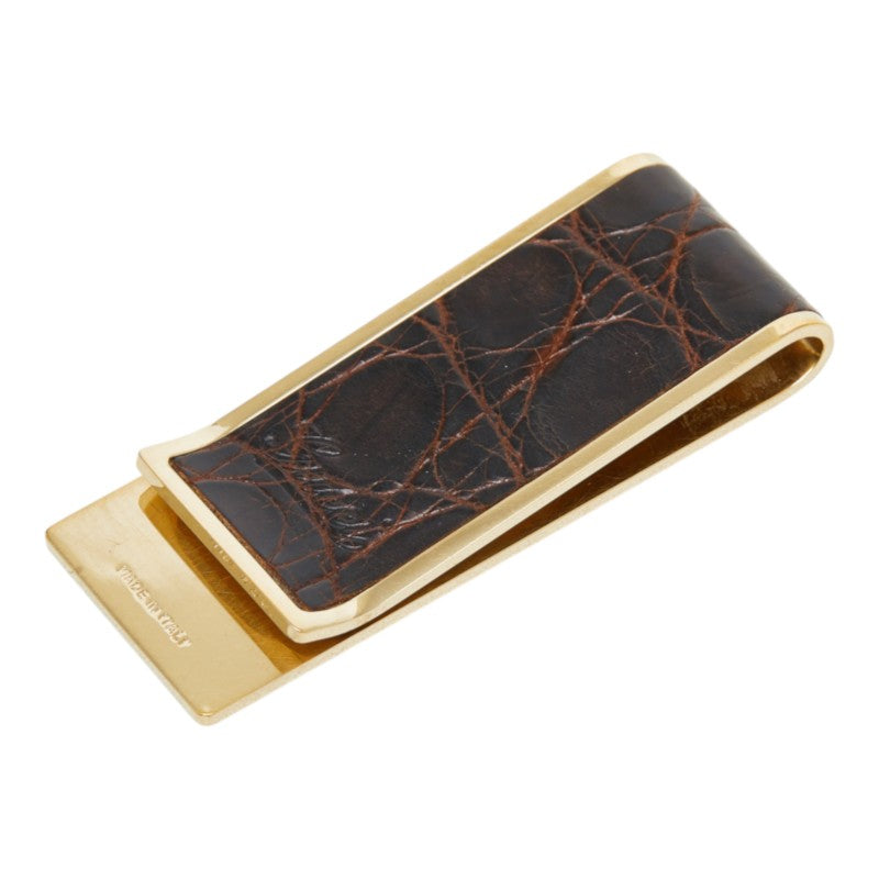 グッチ ロゴ クロコダイル ブラウン ゴールド メッキ レザー メンズ GUCCI 中古
