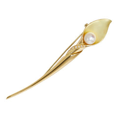アコヤ真珠 ダイヤモンド K18YG イエローゴールド アコヤパール7.7mm ダイヤ0.05ct カラーモチーフ リリー 花 植物 ペンダントトップ ブローチ レディース 中古