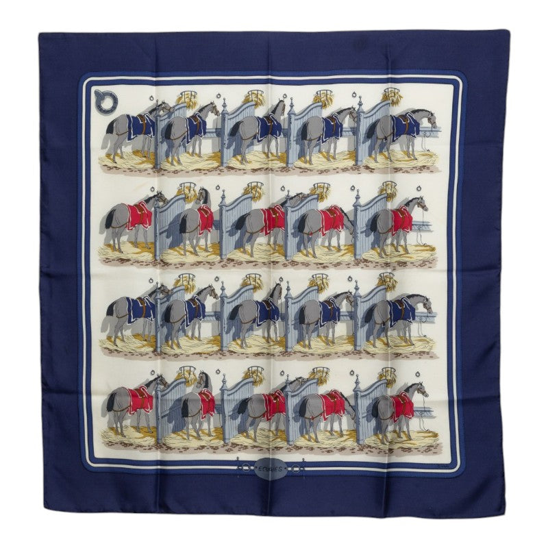 エルメス カレ90 ECURIES 厩舎 スカーフ 大判 ネイビー系 マルチカラー シルク レディース HERMES 中古
