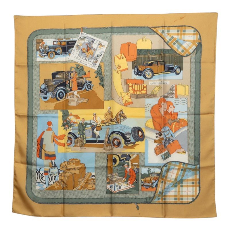 エルメス カレ90 Confort en Automobile 自動車の快適 スカーフ 大判 イエロー系 マルチカラー シルク レディース HERMES 中古