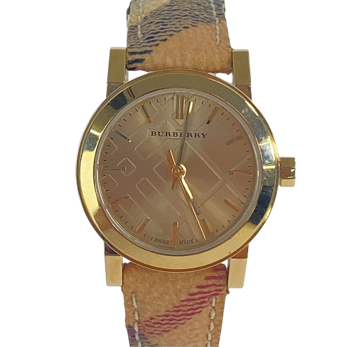 バーバリー チェック柄 腕時計 BU9219 クオーツ ゴールド文字盤 メッキ レザー レディース BURBERRY 中古