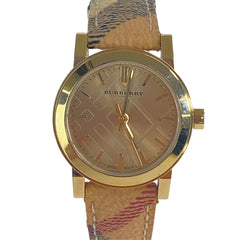 バーバリー チェック柄 腕時計 BU9219 クオーツ ゴールド文字盤 メッキ レザー レディース BURBERRY 中古