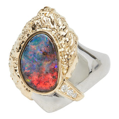 ボルダーオパール ダイヤモンド K18YG イエローゴールド/Pt900 プラチナ ボルダーオパール2.55ct ダイヤ0.04ct コンビネーションデザイン リング 指輪 レディース 14.5号 中古