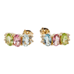 アクアマリン K18YG イエローゴールド アクアマリン0.3ct ピンクトルマリン ペリドット マルチ 3色 3連 3色 スタッドピアス ピアス レディース 中古