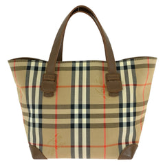 バーバリー チェック柄 ハンドバッグ トートバッグ ベージュ ブラウン キャンバス レザー レディース BURBERRY 中古