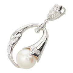 アコヤ真珠 ダイヤモンド Pt900 プラチナ アコヤパール9.5mm ダイヤ0.12ct フラワーモチーフ つぼみ 蕾 シェイプ 雫 ペンダントトップ ネックレス レディース 中古