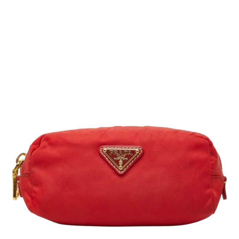 プラダ 三角ロゴプレート ポーチ レッド ナイロン レザー レディース PRADA 中古