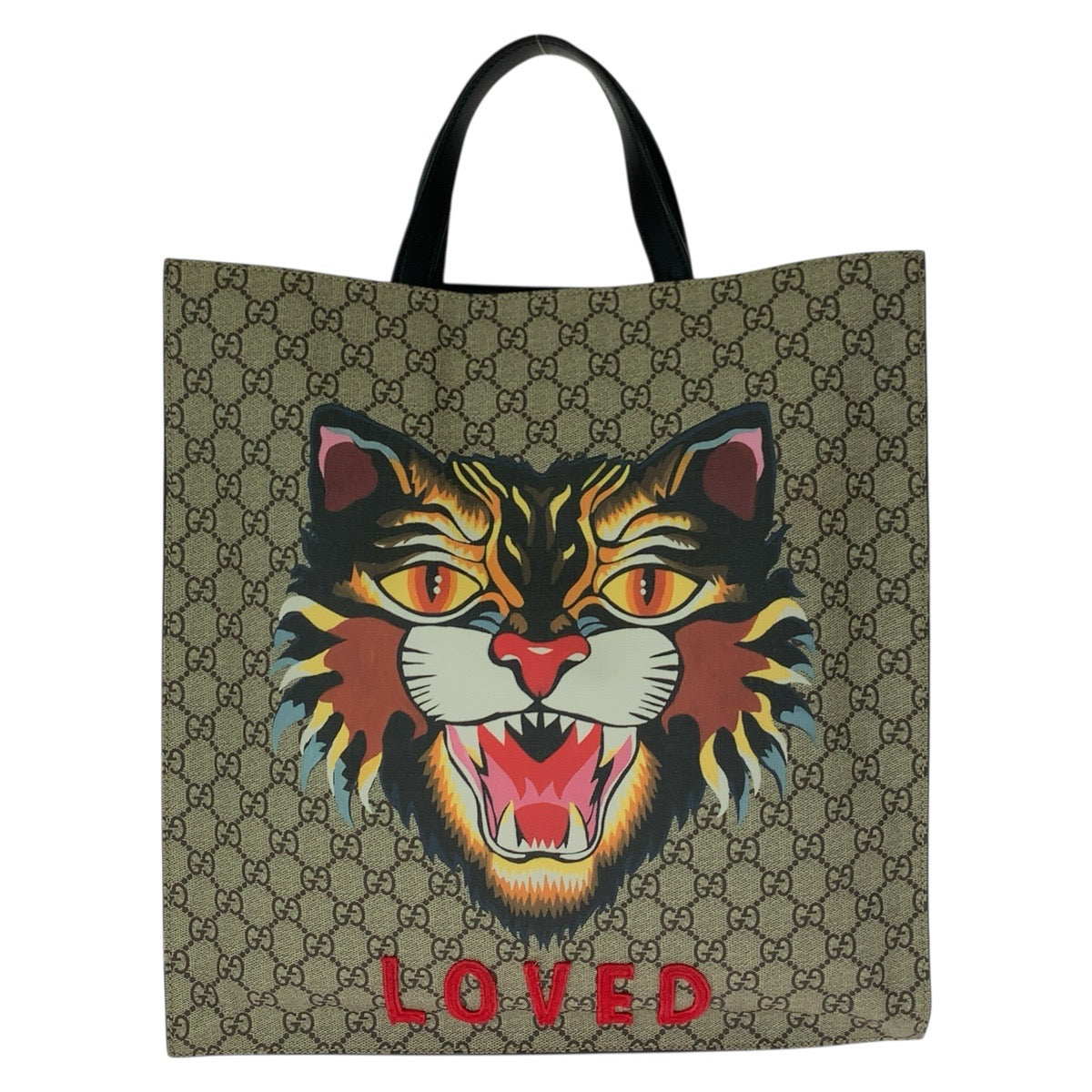グッチ GGスプリーム アングリーキャット トートバッグ 450950 ベージュ マルチカラー キャンバス レザー メンズ GUCCI 中古