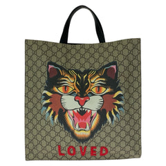 グッチ GGスプリーム アングリーキャット トートバッグ 450950 ベージュ マルチカラー キャンバス レザー メンズ GUCCI 中古