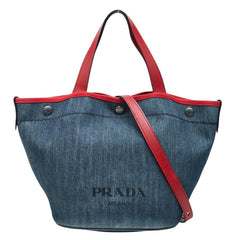 プラダ トートバッグ ショルダーバッグ 2WAY バケツ型 インディゴ レッド デニム レザー レディース PRADA 中古