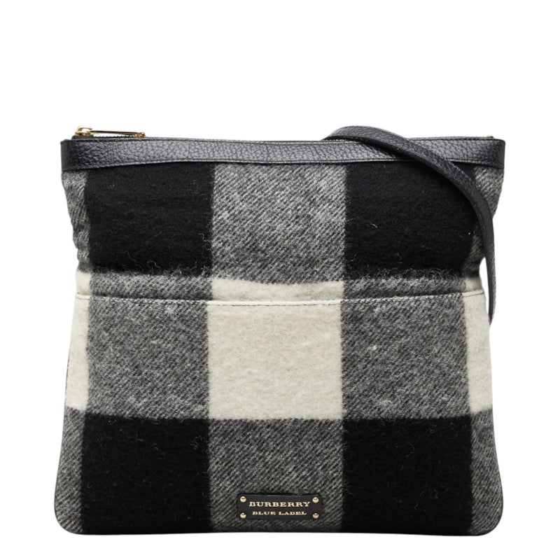 バーバリー ブロックチェック 斜め掛け ショルダーバッグ ブラック ホワイト ウール レザー レディース BURBERRY 中古