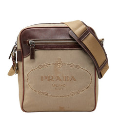 プラダ ロゴジャガード 斜め掛け ショルダーバッグ ベージュ ブラウン キャンバス レザー レディース PRADA 中古