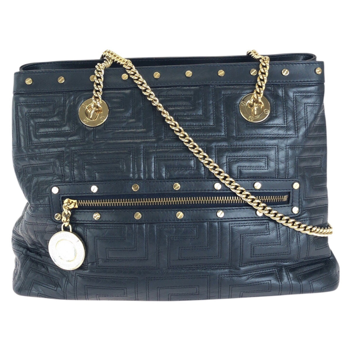 ヴェルサーチェ グレカ メデューサ チェーンショルダーバッグ トートバッグ ネイビー レザー レディース VERSACE 中古