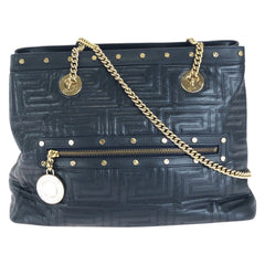 ヴェルサーチェ グレカ メデューサ チェーンショルダーバッグ トートバッグ ネイビー レザー レディース VERSACE 中古