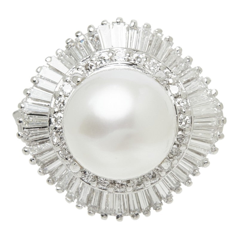 白蝶真珠 Pt900 プラチナ 白蝶真珠10.3～10.5mm ダイヤ0.95ct ダイヤ0.35ct フラワーモチーフ リング 指輪 レディース 13号 中古
