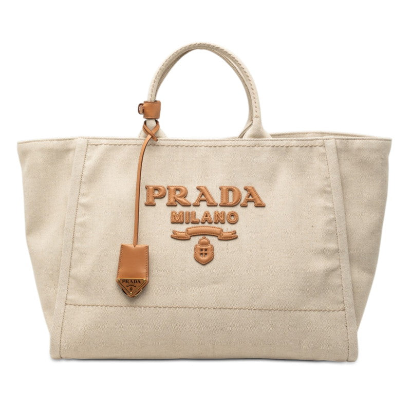 プラダ 三角ロゴプレート トートバッグ ハンドバッグ 1BG473 アイボリー ベージュ キャンバス レザー レディース PRADA 中古