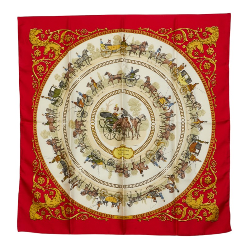 エルメス カレ90 La Promenade de Longchamps ロンシャンへの散歩 スカーフ 大判スカーフ レッド ホワイト系 レディース HERMES 中古