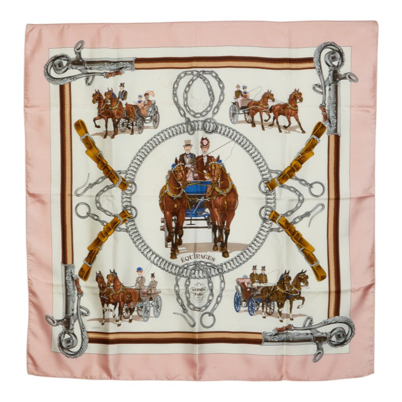 エルメス カレ90 EQUIPAGES 乗馬 馬車具 スカーフ 大判スカーフ ピンク ホワイト シルク レディース HERMES 中古
