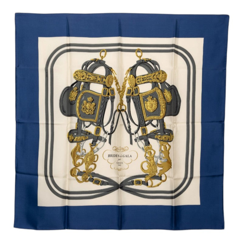 エルメス カレ90 Brides de Gala 式典用馬勒 スカーフ ブルー系 シルク レディース HERMES 中古
