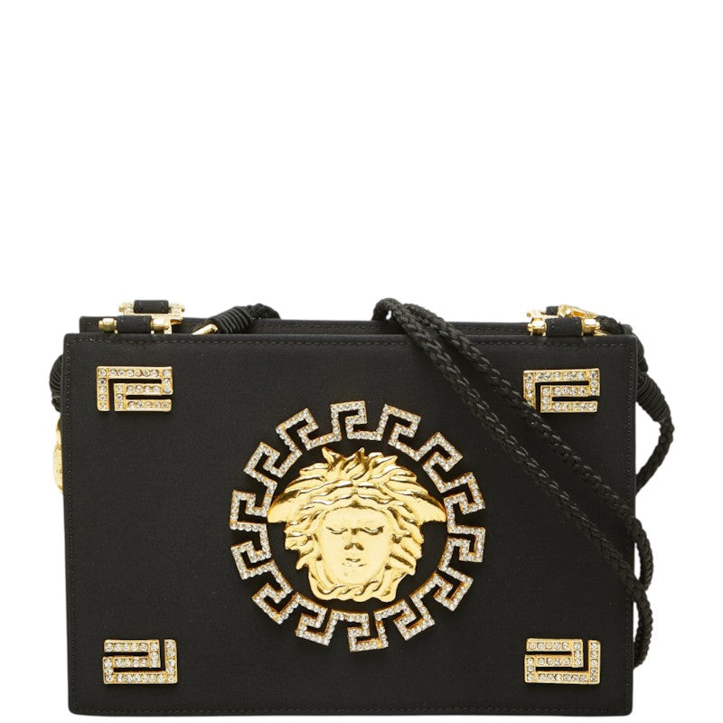 ヴェルサーチェ メドゥーサ 斜め掛け ショルダーバッグ ゴールド ブラック サテン ラインストーン レディース VERSACE 中古