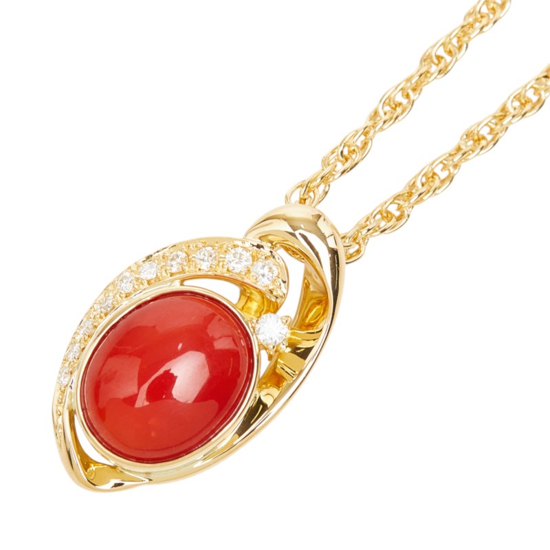 ポーラ 珊瑚（コーラル） ダイヤモンド K18YG イエローゴールド 赤珊瑚5.401ct ダイヤ0.15ct 天然赤珊瑚 デザインネックレス ネックレス レディース POLA 中古
