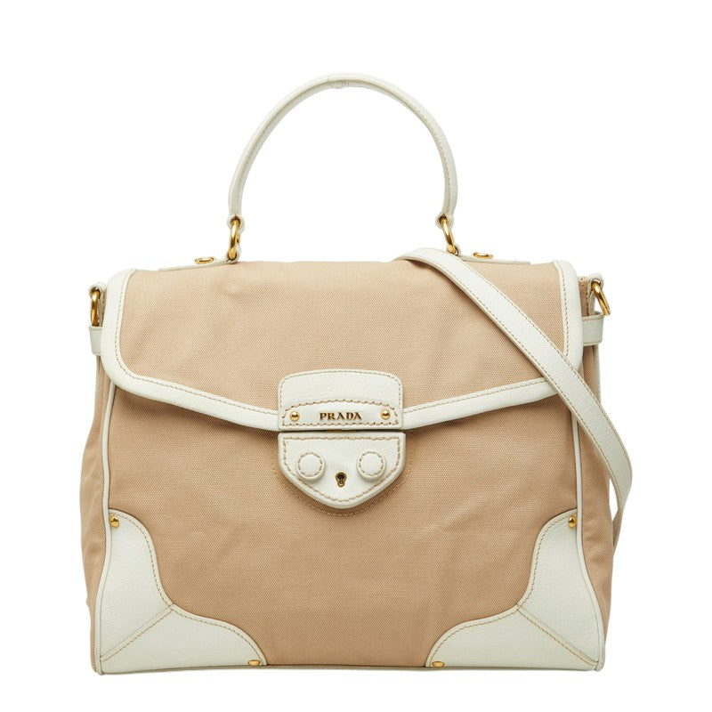 プラダ 三角ロゴプレート ハンドバッグ ショルダーバッグ 2WAY BN2127 ベージュ ホワイト キャンバス レザー レディース PRADA 中古