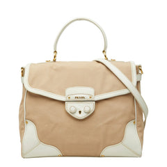 プラダ 三角ロゴプレート ハンドバッグ ショルダーバッグ 2WAY BN2127 ベージュ ホワイト キャンバス レザー レディース PRADA 中古