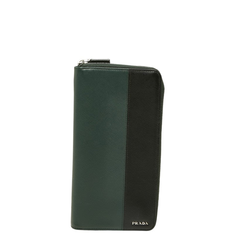 プラダ サフィアーノ オーガナイザー ラウンドファスナー 長財布 ウォレット ダークグリーン レザー ユニセックス PRADA 中古