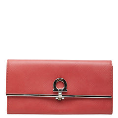 サルヴァトーレフェラガモ ガンチーニ フラップ 長財布 ウォレット レッド系 シルバー レザー レディース Salvatore Ferragamo 中古